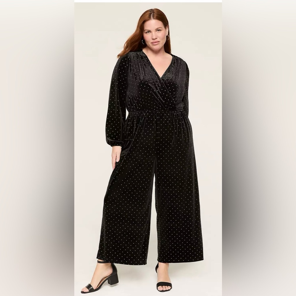 Lane Bryant Embellished Black Velvet & Gold Studded Shirred-Shoulder Jumpsuit